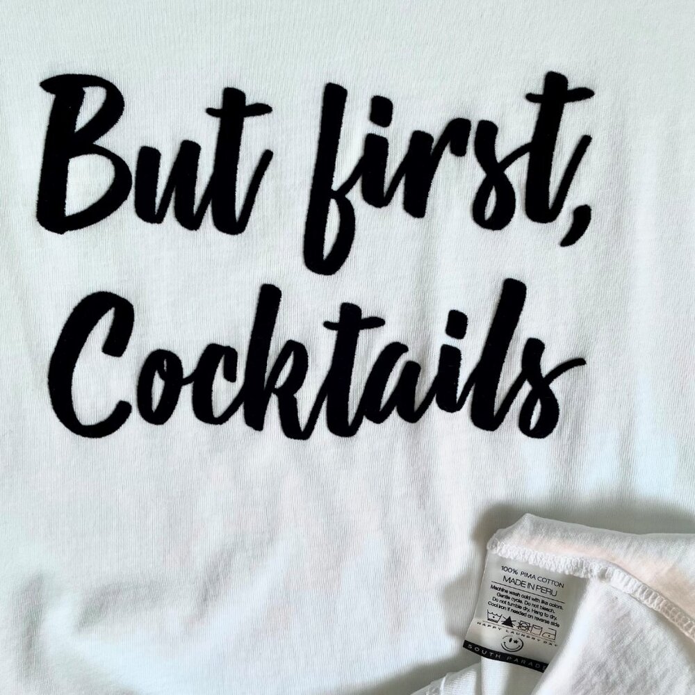 SOUTH PARADE Lola Top But First Cocktails Short Sleeve Cotton Tee White Black XS - Picture 3 of 9